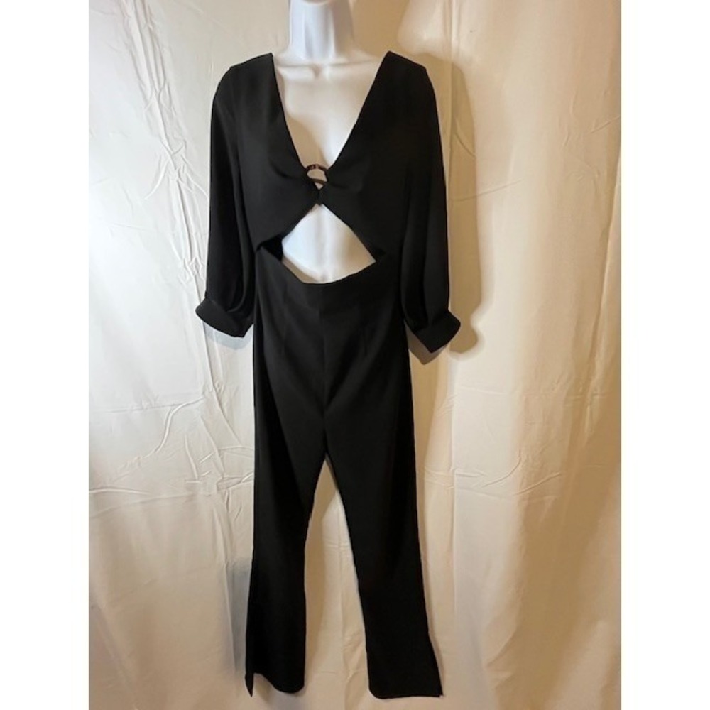 Camila Coelho Women Black Cutout Ring Puff Sleeve Jumpsuit Medium Slit Hem Party